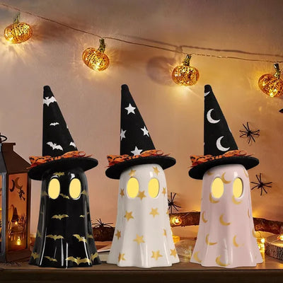 Set of 3 Ceramic Ghosts With Witch Hats